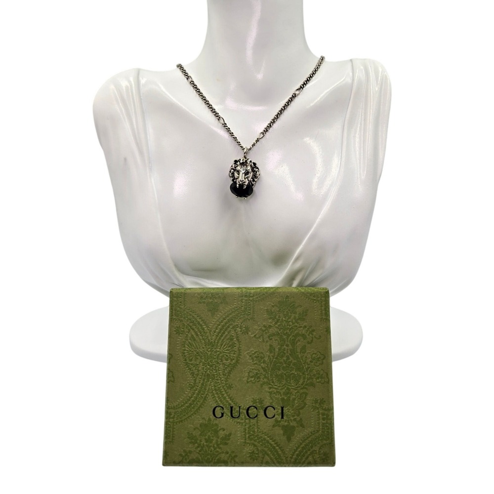 Gucci Sterling Silver Brass Swarovski Lion Head Necklace Black - Picture 4 of 10